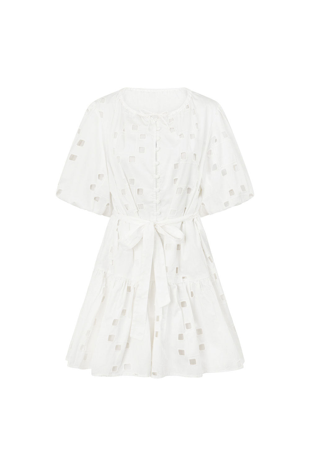Jayde Flounce Cutout Mini Short Sleeve Dress - Cutwork Print - White