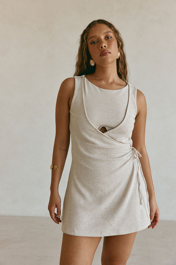 Beige Wrap Mini Kiana Dress