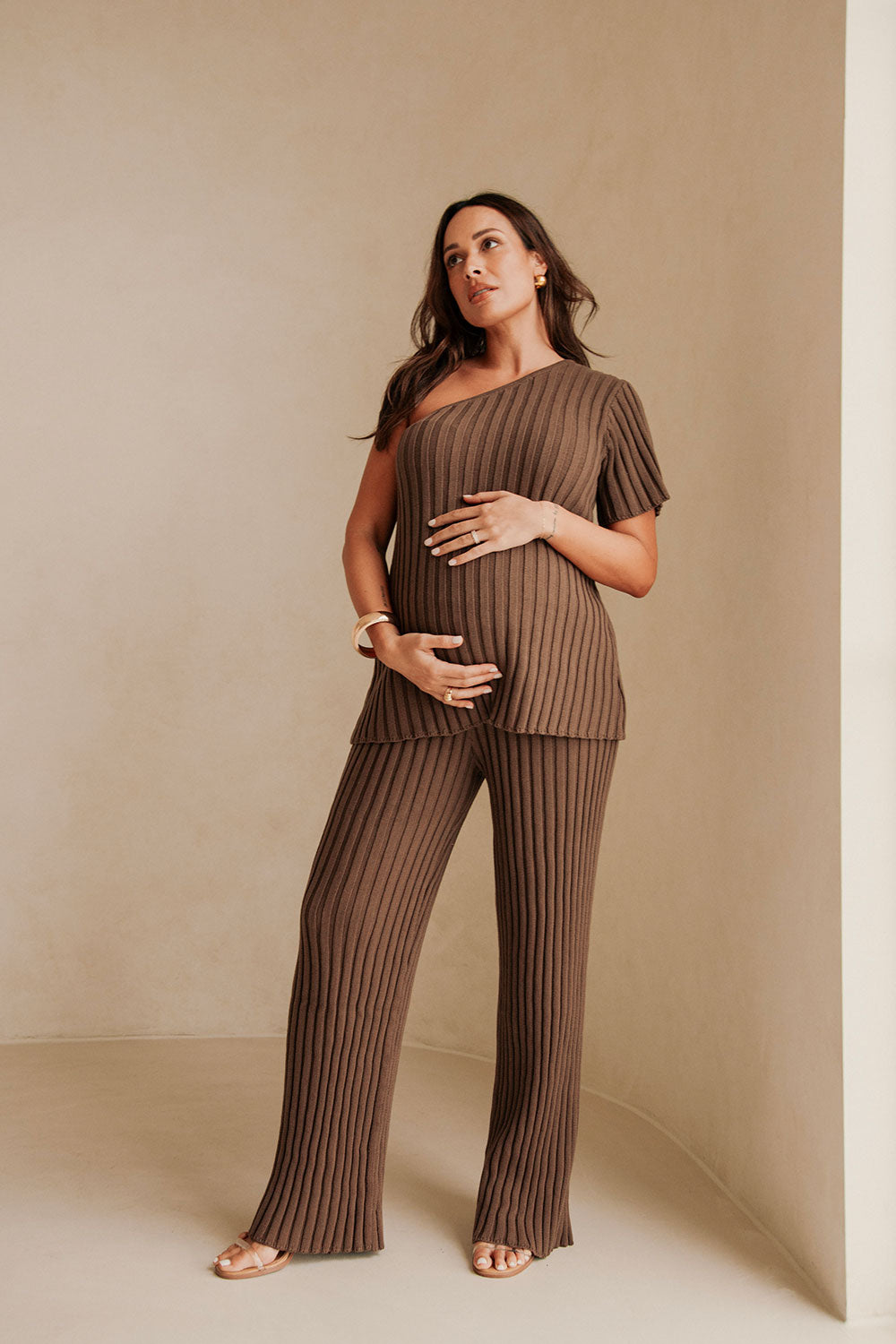 Brown Knit One Shoulder Short Sleeve Neena Top