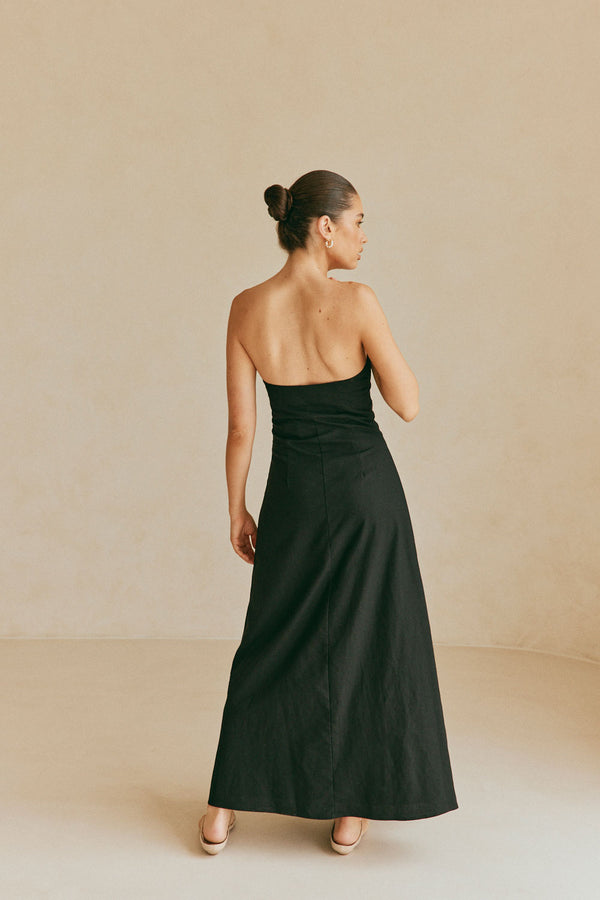 Formal Black Strappless Ruched Maxi Estella Dress