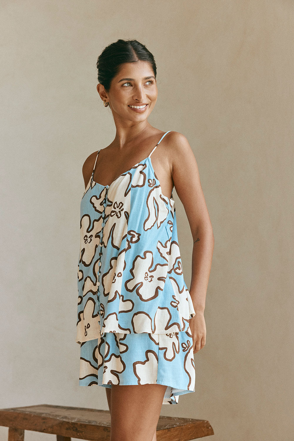 Blue Outline Floral Strappy Back Tie Cian Playsuit