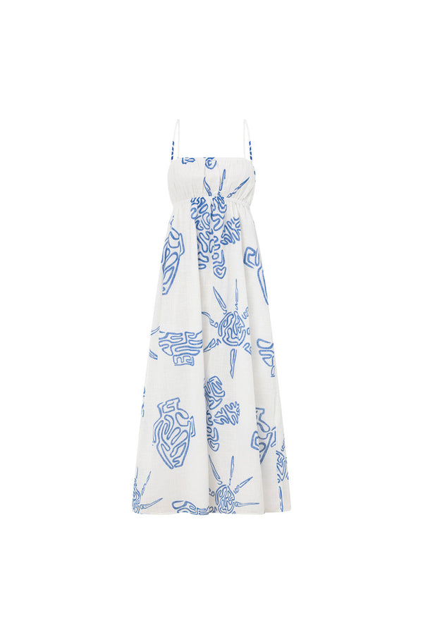 Catie Thin Strap Tropical Backless Maxi Dress - White, Blue Evoke Print