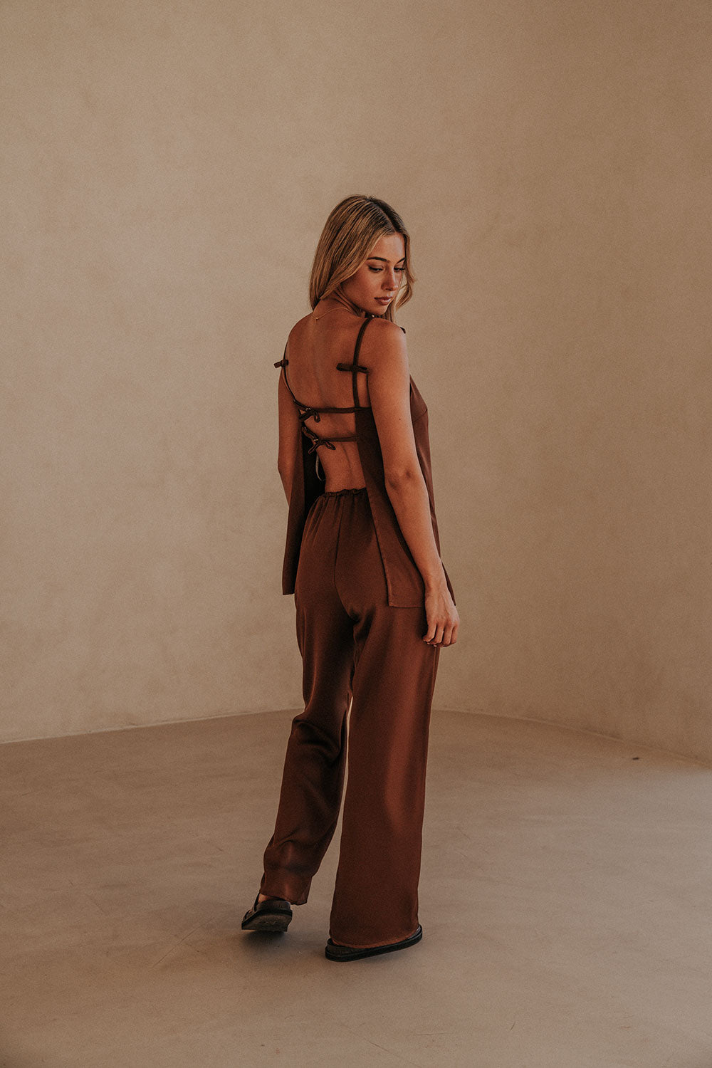 Chocolate Brown Thin Strap Backless Kinsley Jumpsuit