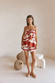 Red Sienna Sunset Print Elastic Drawstring Zuma Shorts