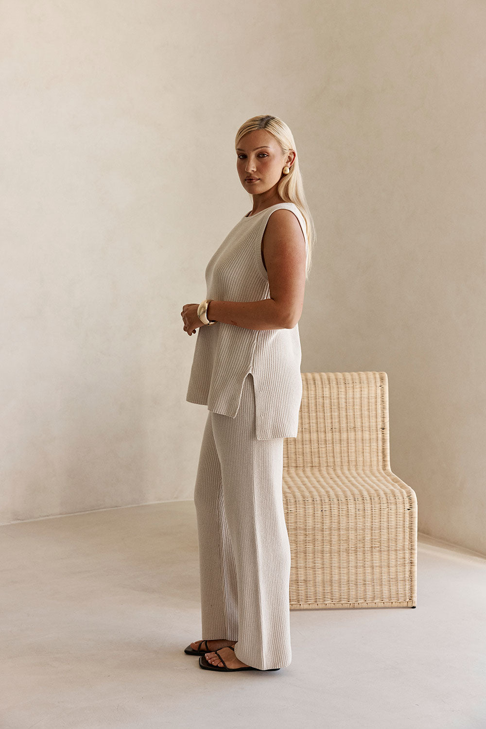 Beige Cotton Knit Round Neck Maxine Tank Top