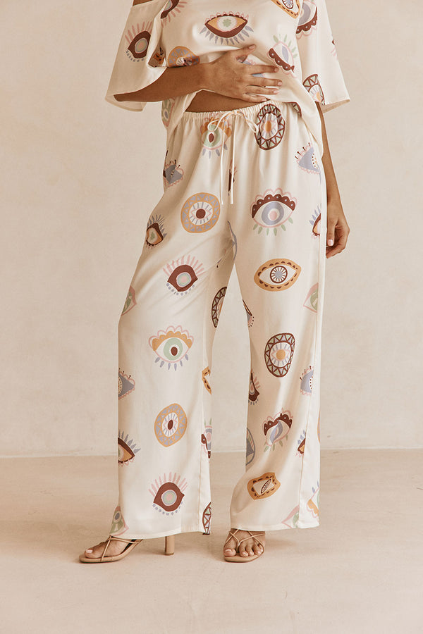 Cream Matia Print Elastic Drawstring Grace Pants
