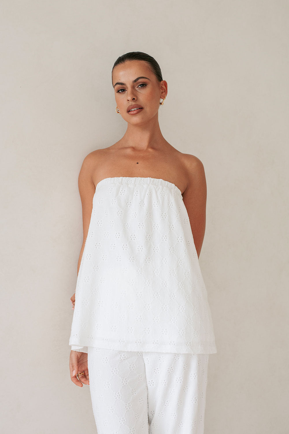 White Elastic Gathered Strapless Ellira Top