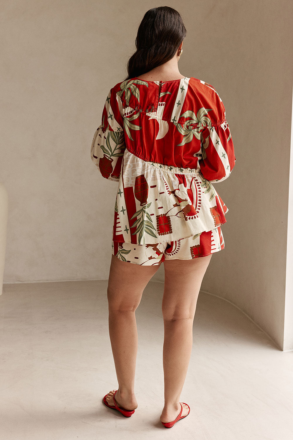 Red Palma Vista Print Long Sleeve Ruched Belinda Top