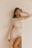 Beige Long Sleeve Slit Maxi Kay Dress 