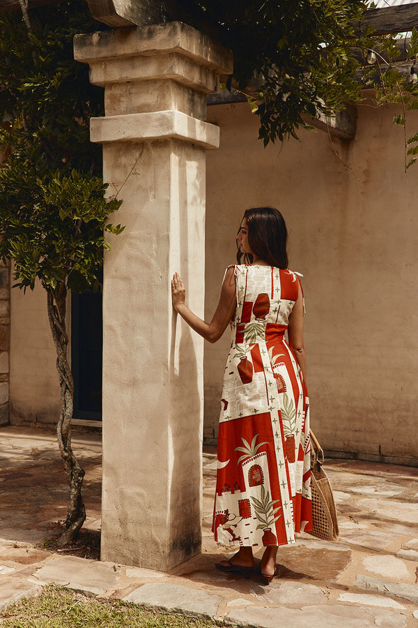 Red Palma Vista Print V Neck Maxi Mira Dress
