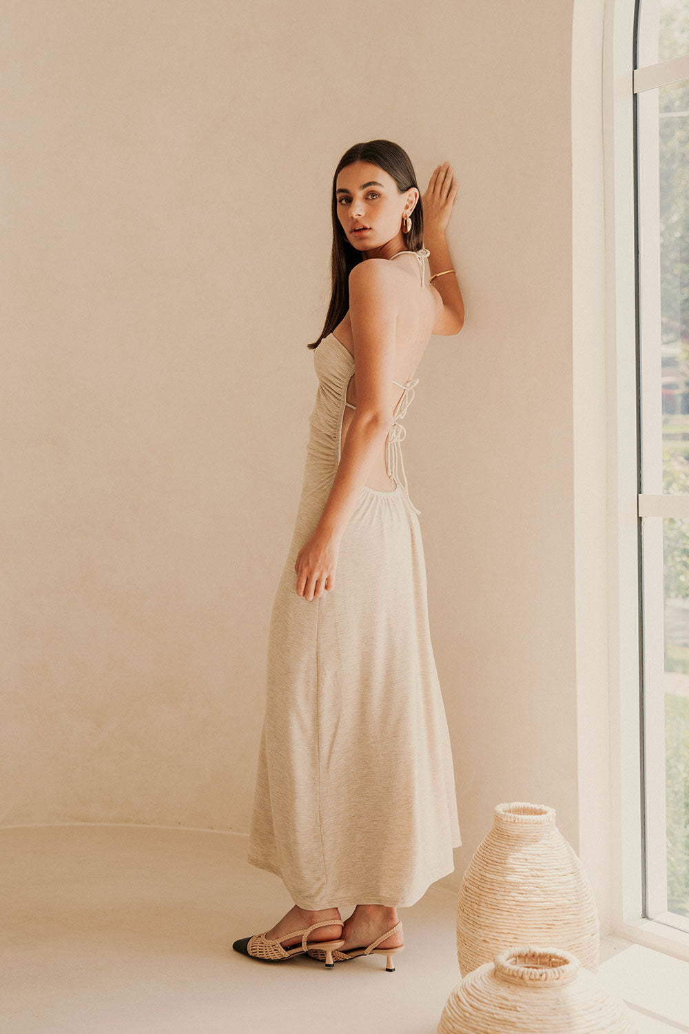 Beige Backless Halter Neck Naisha Dress