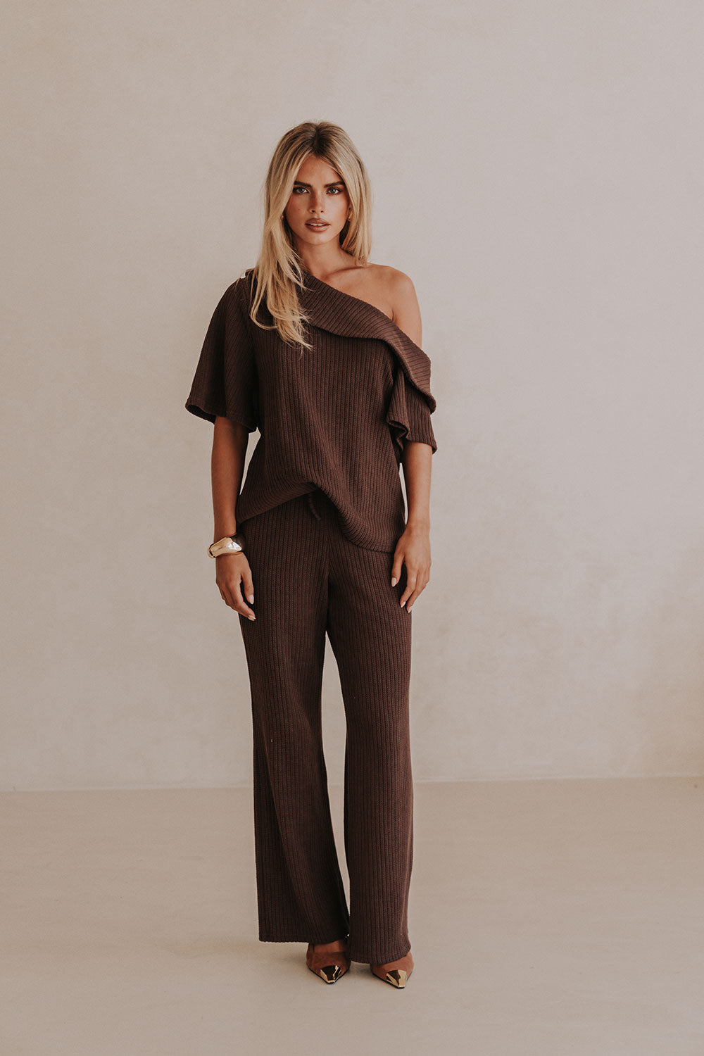 Chocolate Brown Off Shoulder Short Sleeve Tarika Top