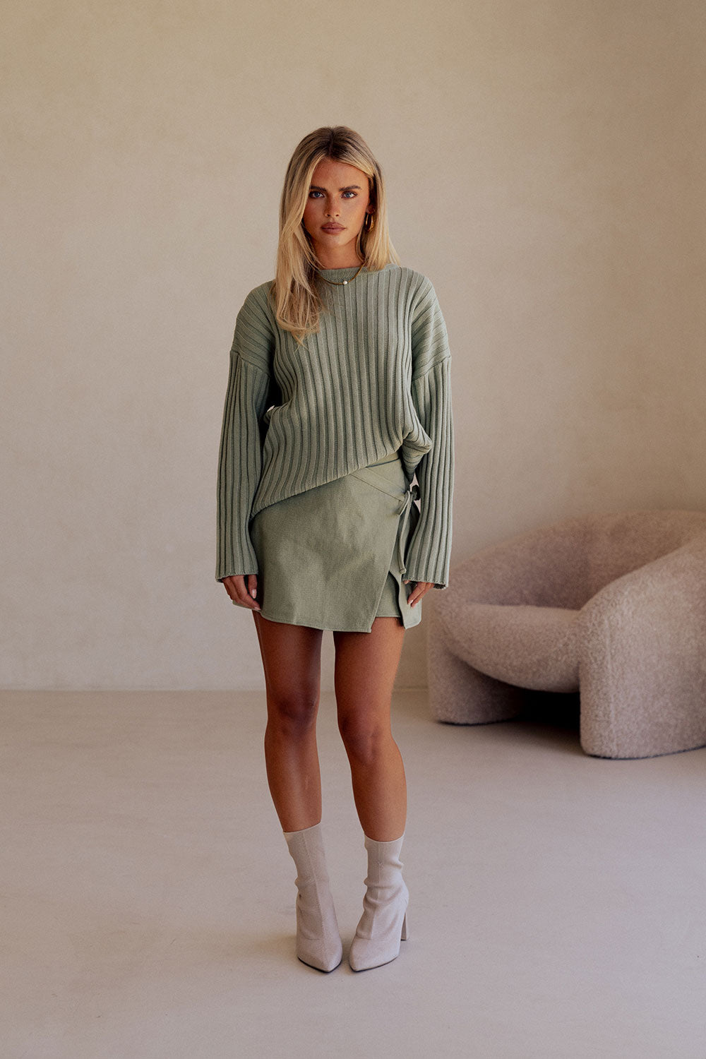 Green Ribbed Knit Sweater Jali Top