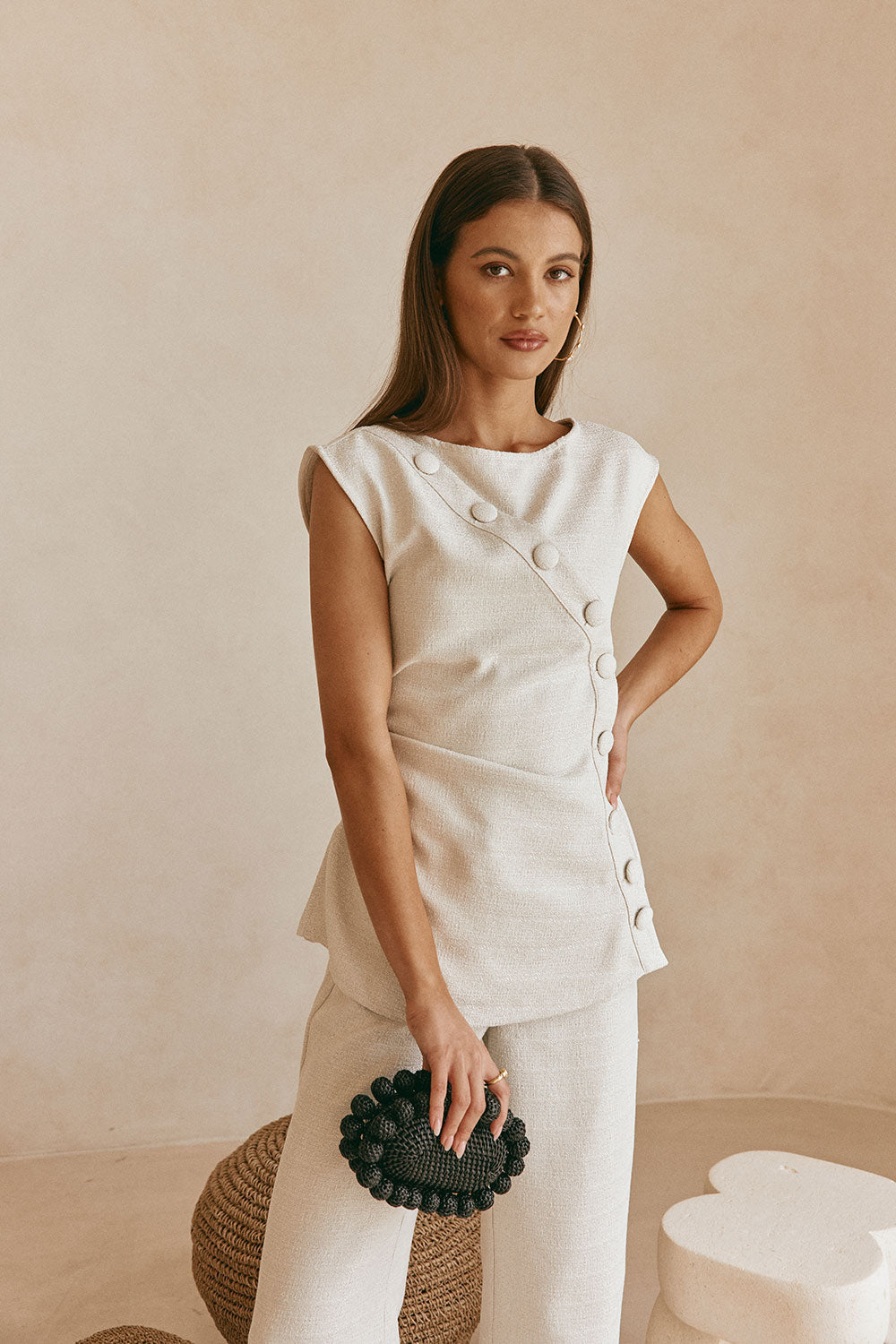 Beige Button Gathered Azul Top