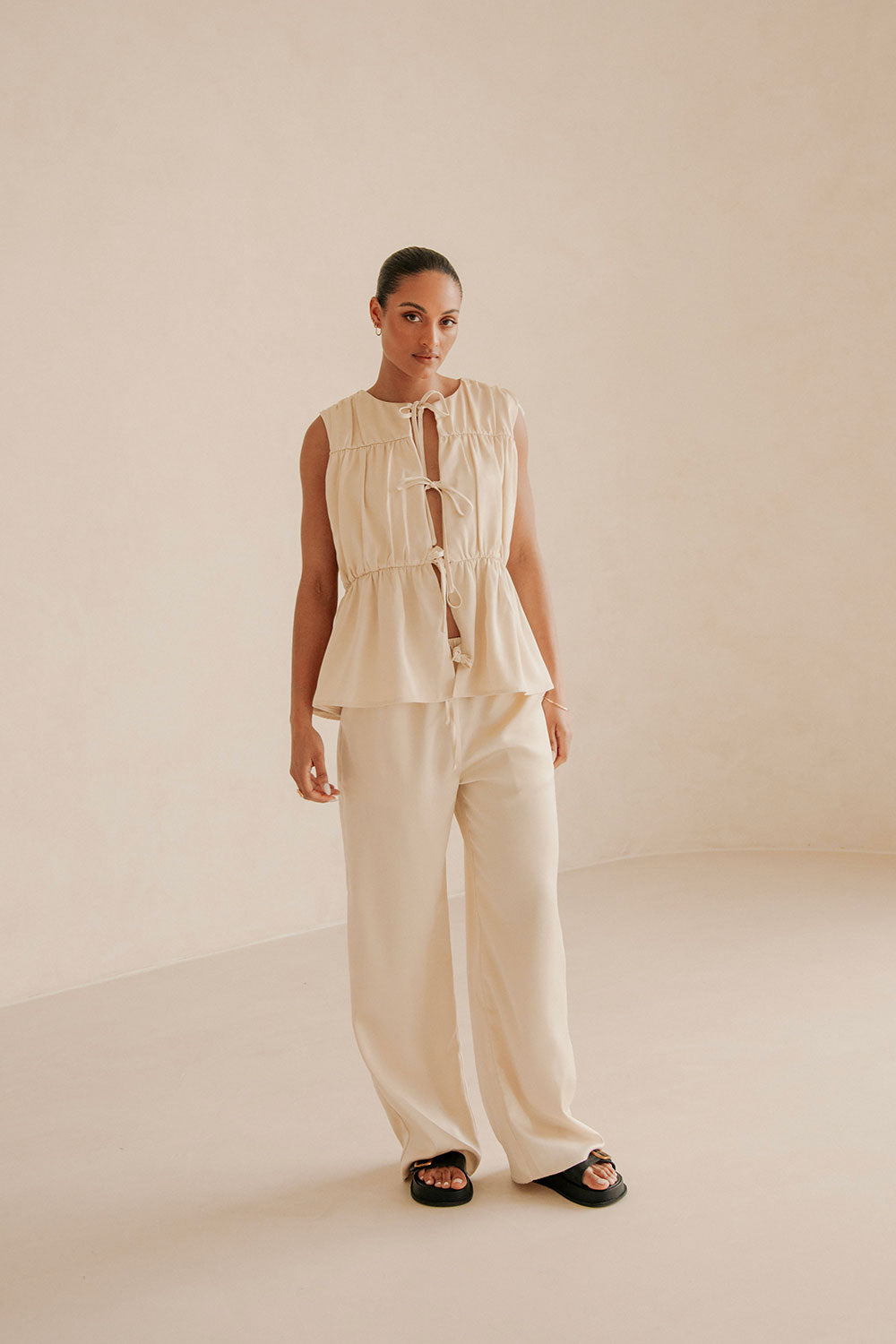 Beige Ruched Panelled Front Tie Juliette Top