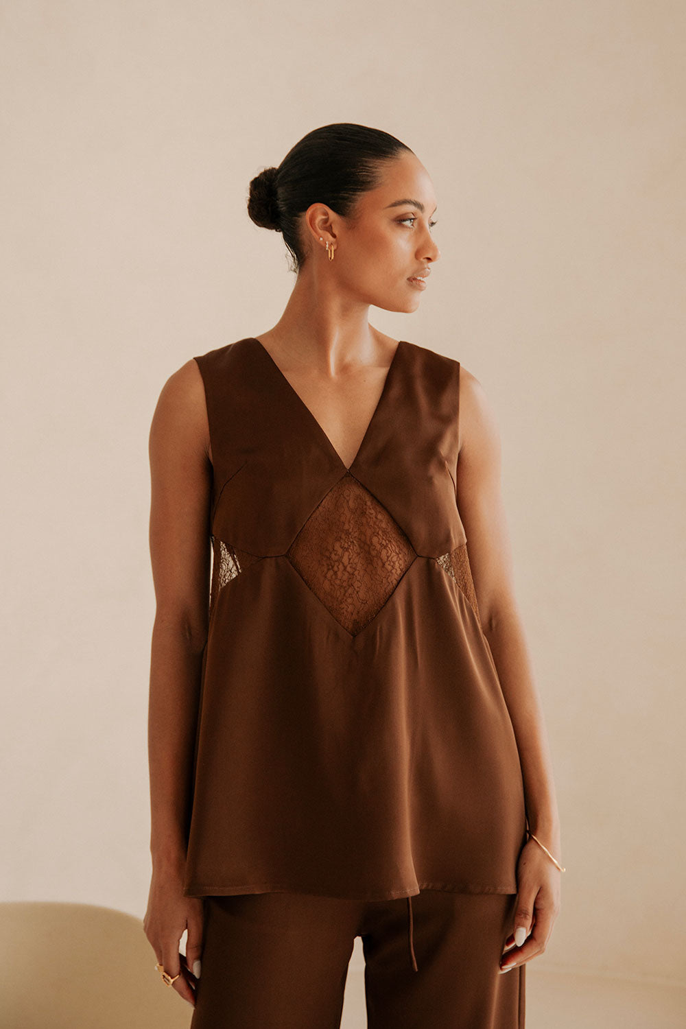 Brown Silky V Neck Lace Panel Zuri Top