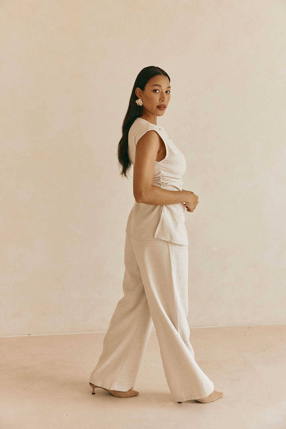 Beige Button Gathered Azul Top