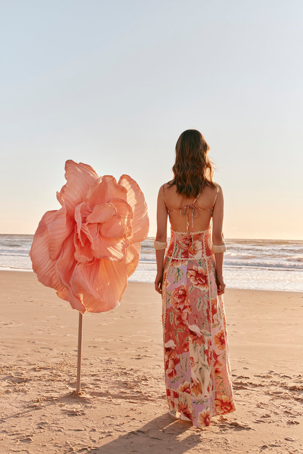 Pink Desert Rose Print V Neck Maxi Evia Dress