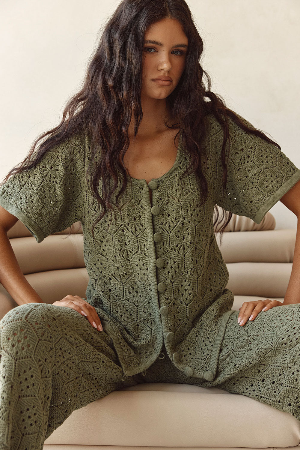 Khaki Green Crochet Knit Button Up Umiko Top