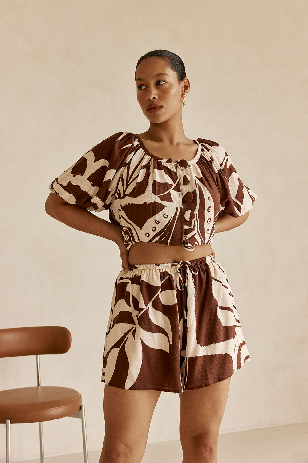 Cream and Brown Painted Tiles Print Scarlet Shorts