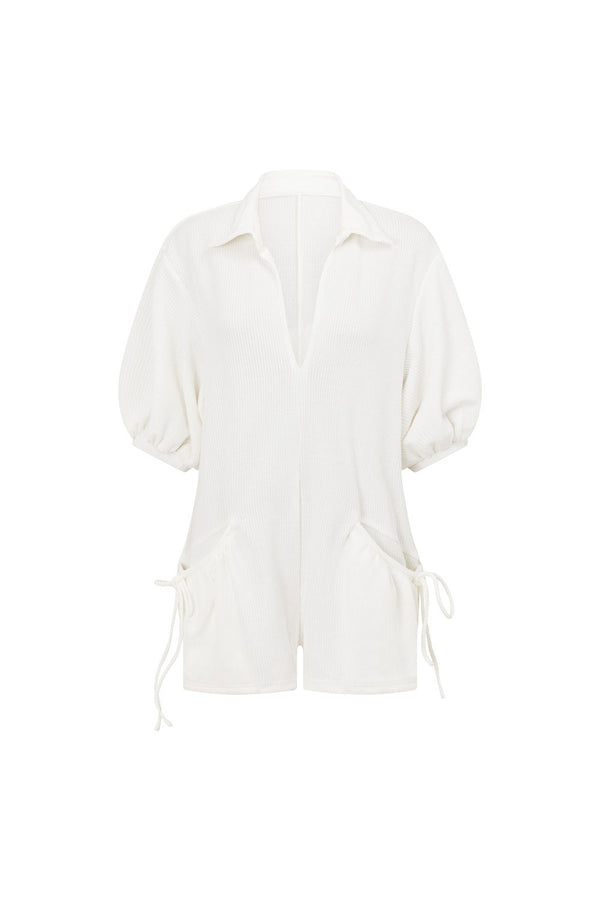 White Collar V Neck Puff Sleeve Airlie Playsuit