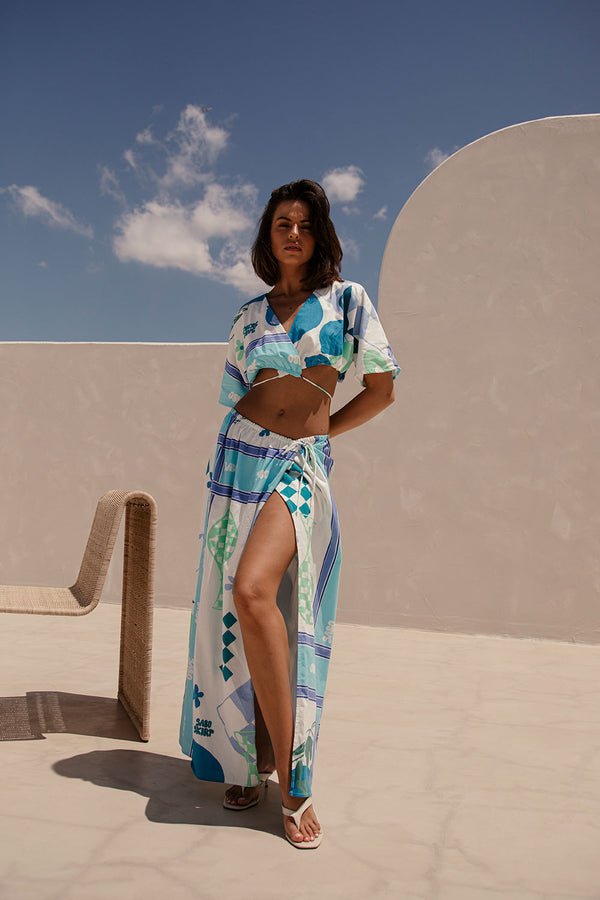 Naya Wrap Maxi Skirt - Scarf Azure, Blue, Green, White