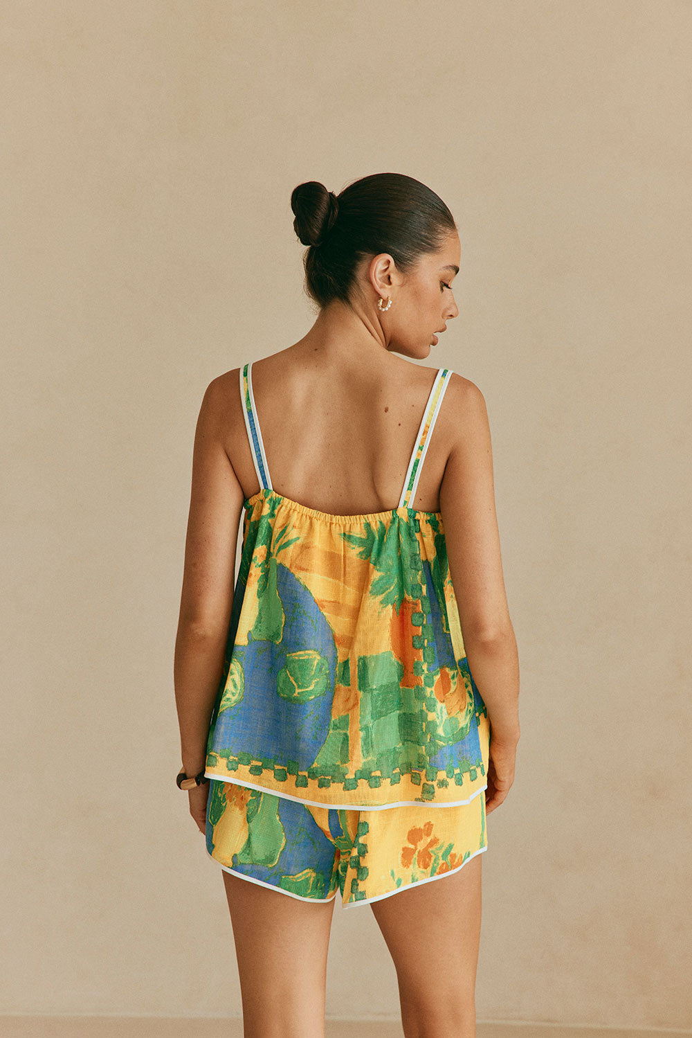 Jetta Front Tie Shorts -Green, Blue & Orange Morning Yellow Print