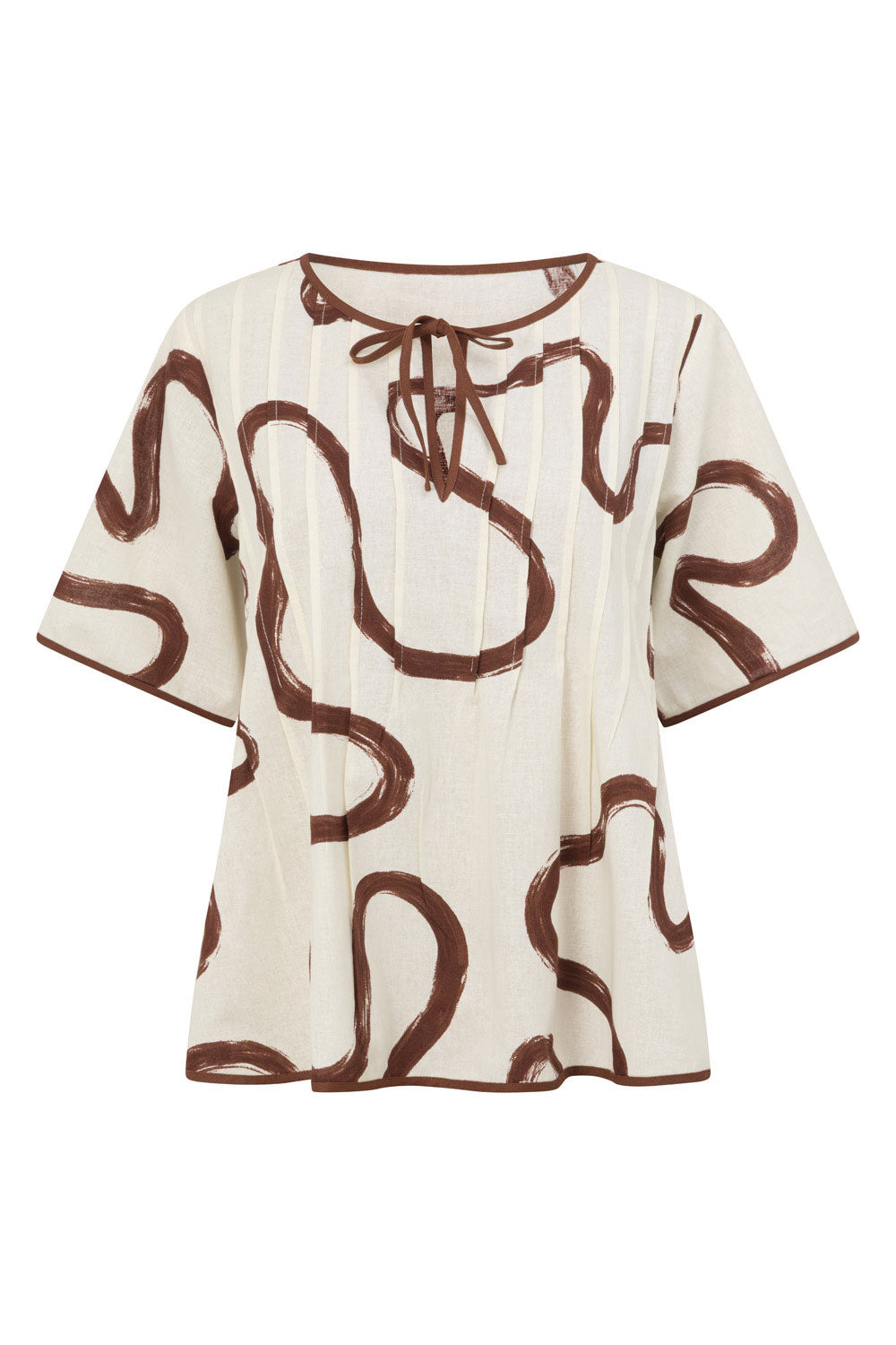 Cream Marbled Mocha Floral Pleat Front Tie Rayne Top