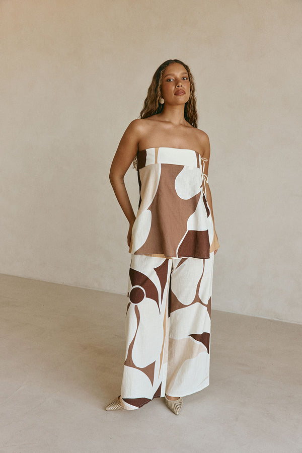 Brown Sable Floral Print Strapless Monroe Top