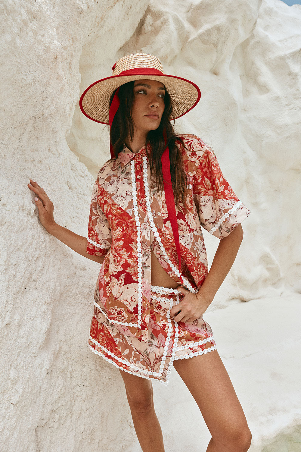 Red Floral Solafleur Print Button Up La Dolce Vita Shirt