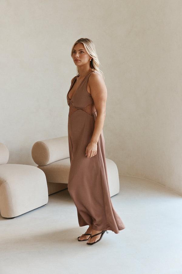 Brown  V Neck Cut Out Lace Maxi Dynasty Dress