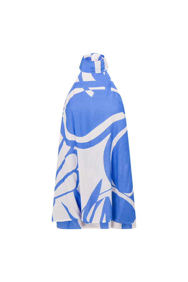 Palm Blue Print Backless Halter Mini Frances Dress