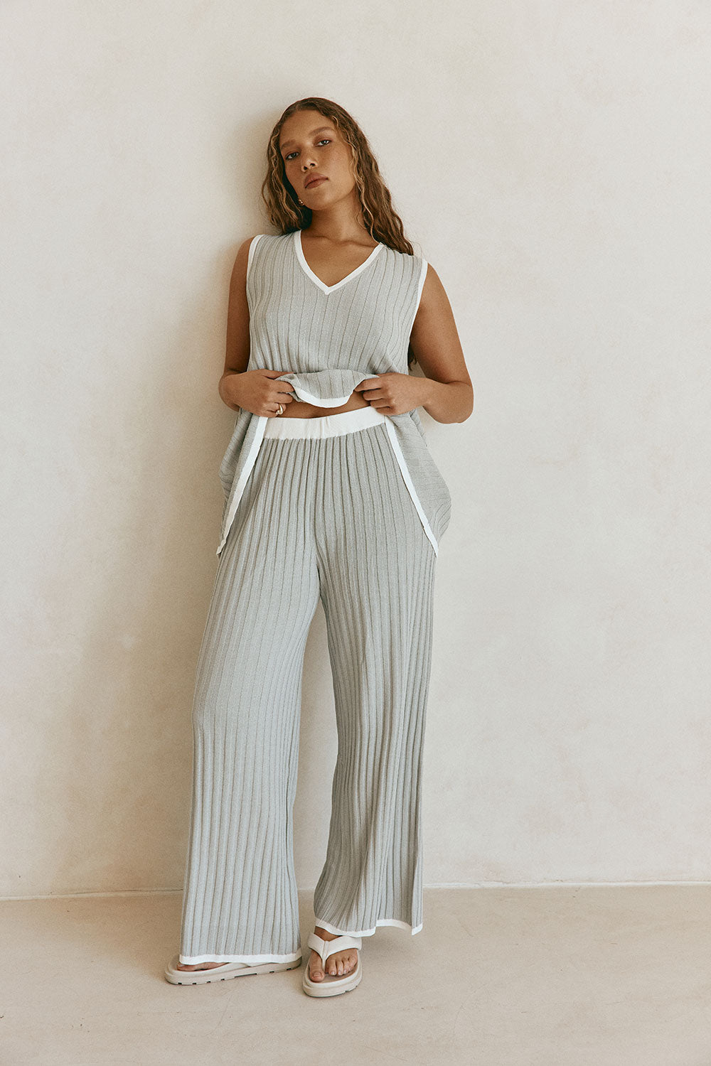Grey Woven Ribbed High Waist Winnie Pants