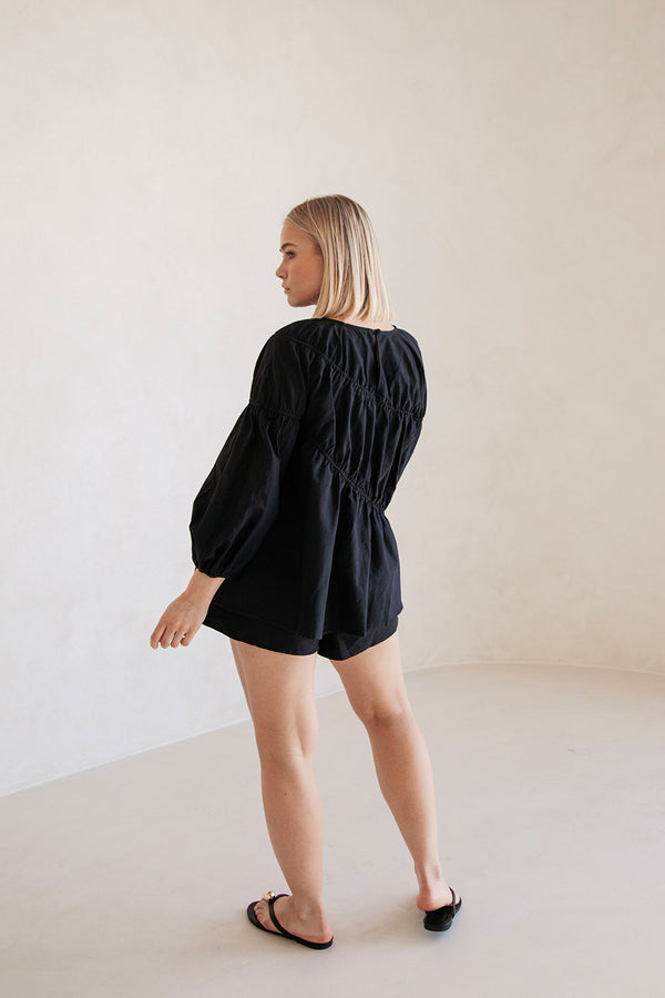 Black Long Sleeve Panelled Flounce Akel Top
