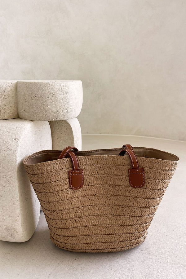 Tan Woven Xena Basket Tote Bag
