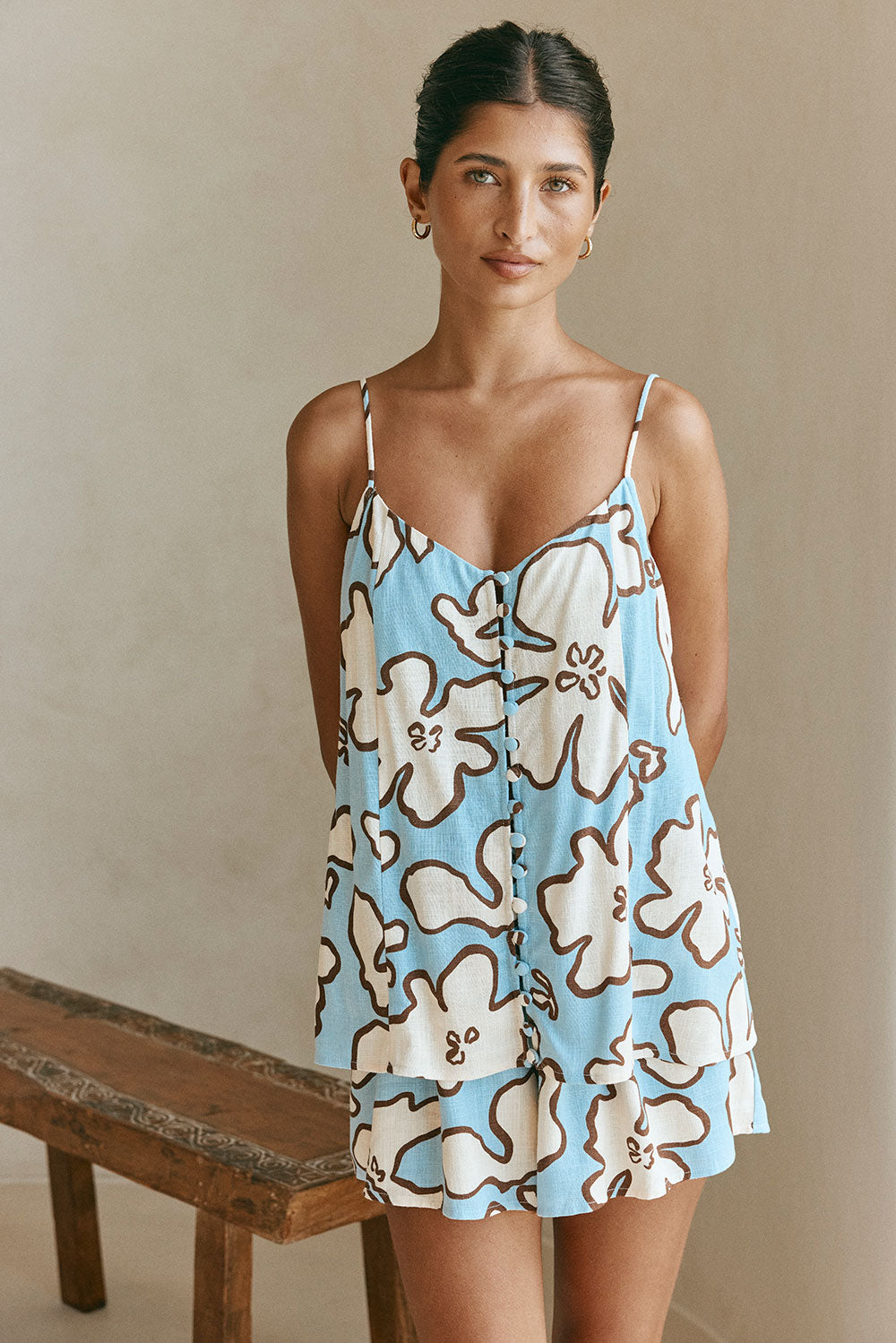 Blue Outline Floral Strappy Back Tie Cian Playsuit