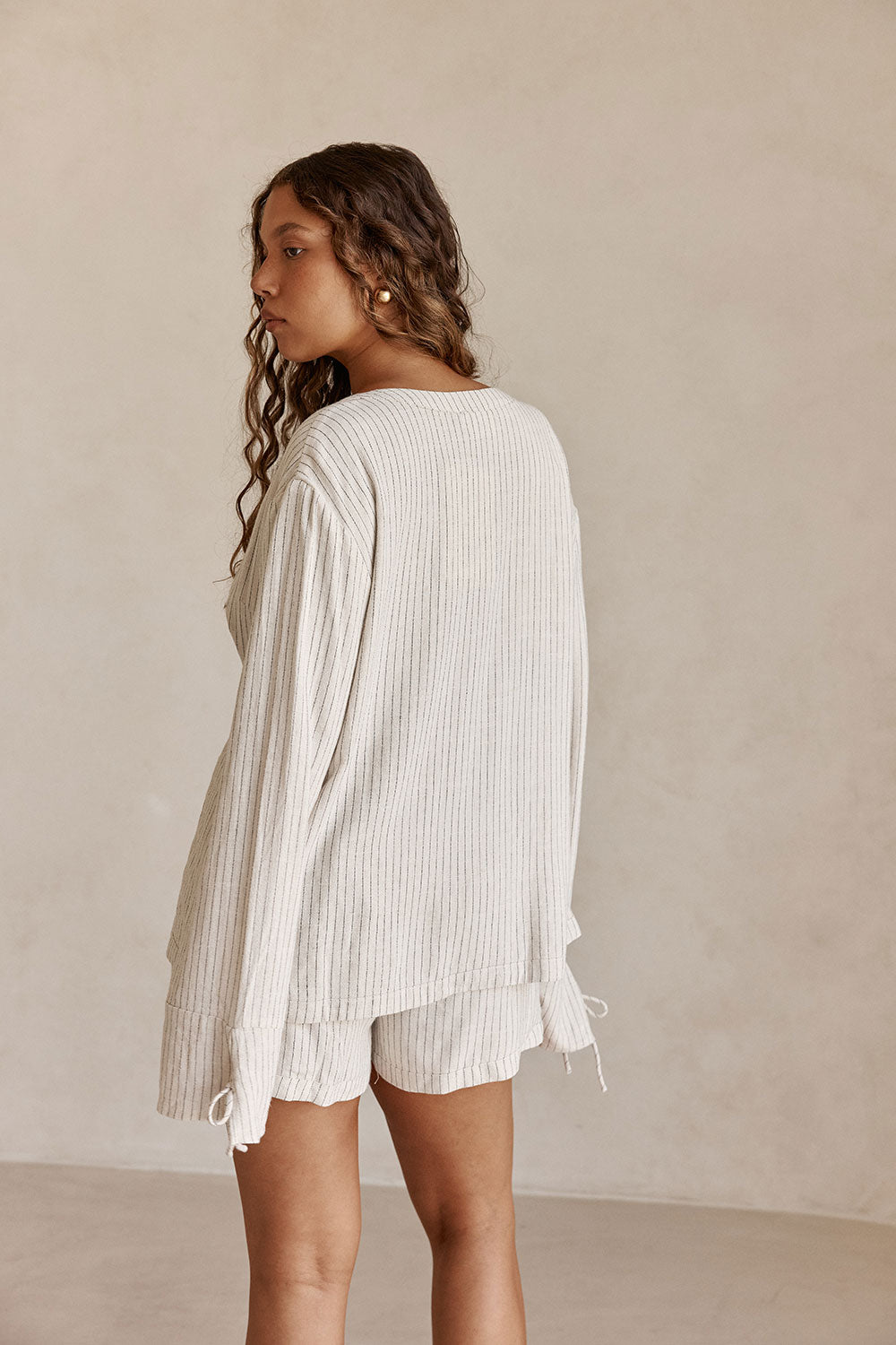 Beige and Black Pinstripe Lyla Wrap Top