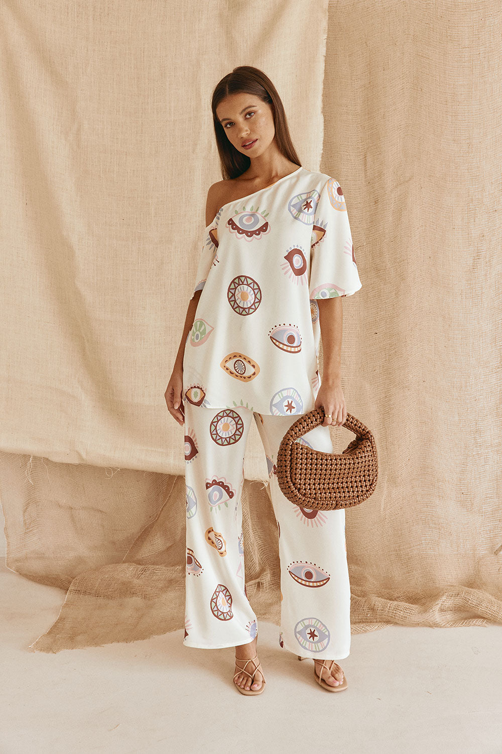 Cream Matia Print Off Shoulder Grace Top