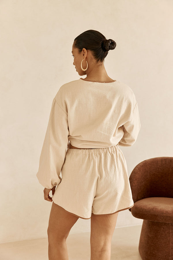 Beige High Waist Elastic Drawstring Paloma Shorts