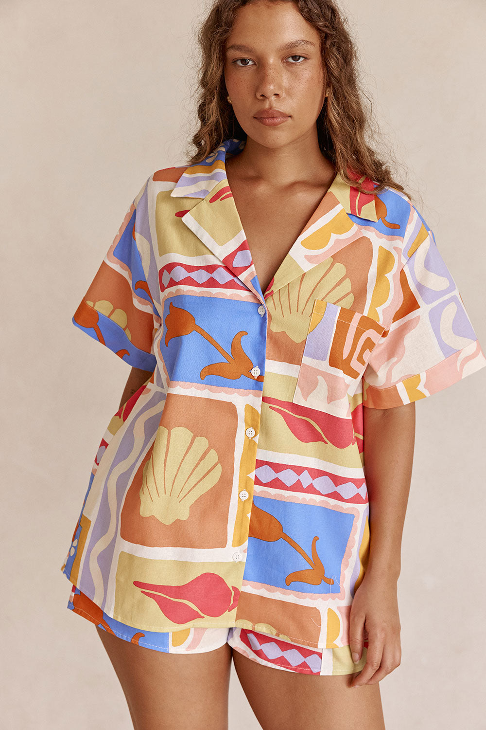 Solis Tropical Print Button Up Short Sleeve Indra Top