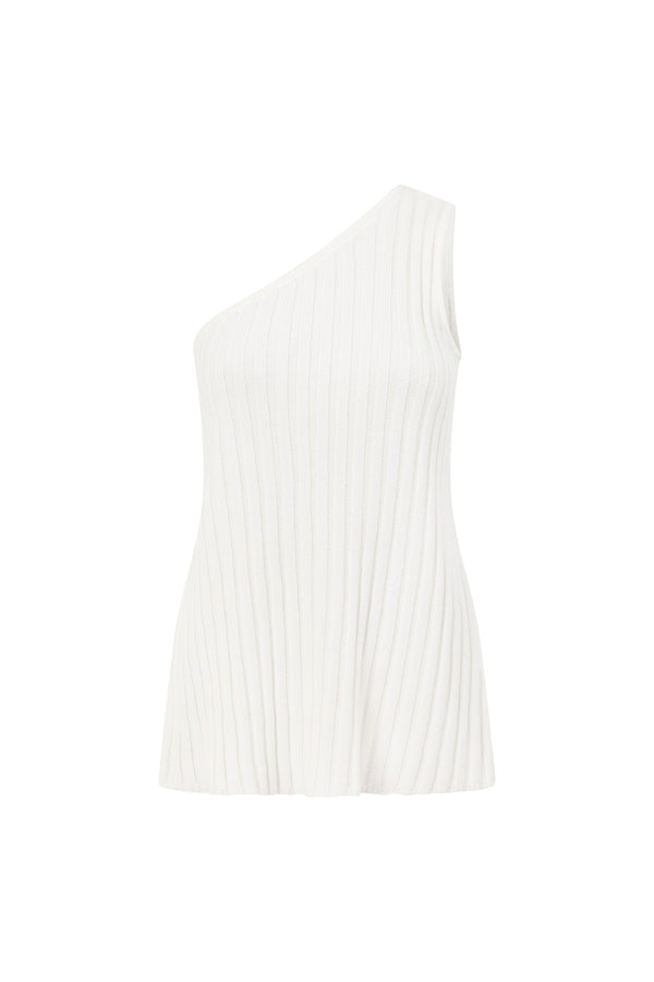 White Ribbed Knit One Shoulder Asymmetric Audri Top