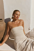 Beige Woven Strapless Pleated A Line Maxi Karalina Dress