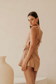 Sweeney Thin Strap Wrap Overlay Backless Mini Dress - Brown