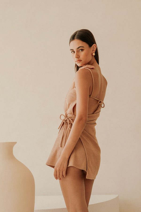 Sweeney Thin Strap Wrap Overlay Backless Mini Dress - Brown