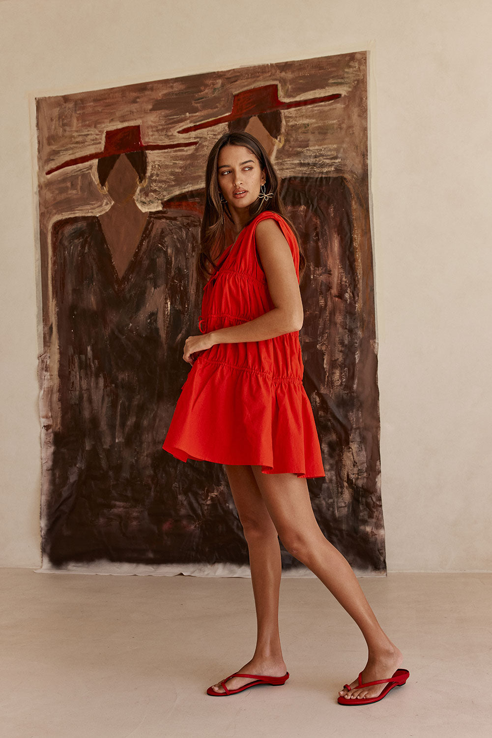 Red Tie Ruched Mini Joslin Dress