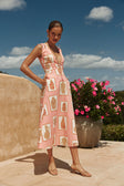 Pink Florero Print V Neck Midi Mira Dress