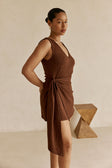 Brown Ribbed V-Neck Wrap Mini Oliana Dress