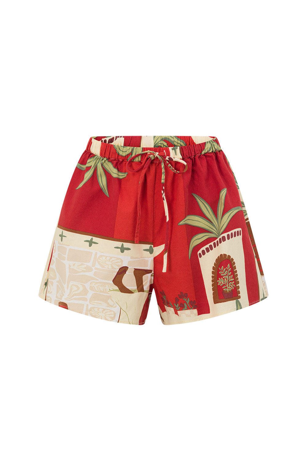 Red Palma Vista Print Elastic Drawstring Belinda Shorts