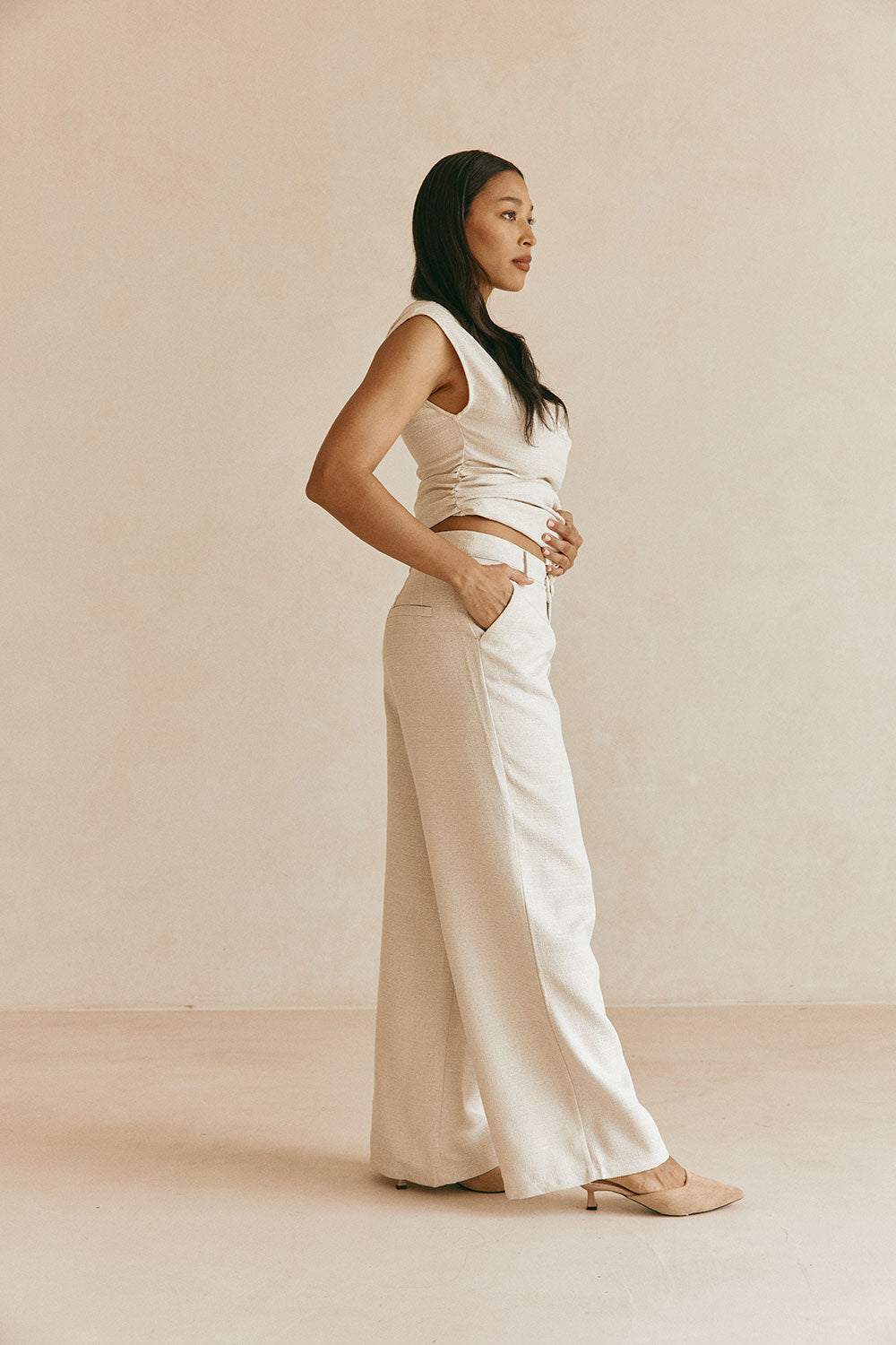 Beige Asymmetric Waist Straight Leg Azul Trouser Pants