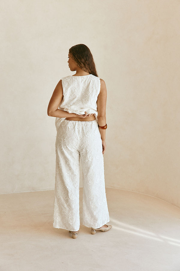 White Leafy Motif High Waist Cambria Pants